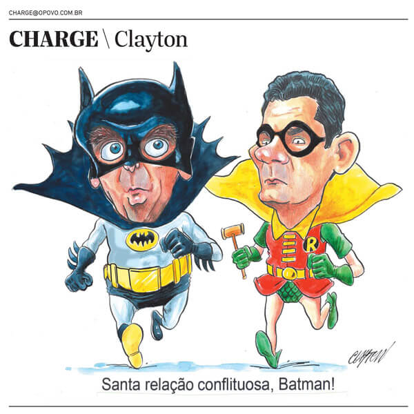 Bolsonaro está vestido de Batman e corre ao lado do ex-ministro da Justiça e ex-juiz, Sérgio Moro, que está de Robin - com um martelo de juiz na mão. Abaixo, a frase: 'Santa relação conflituosa, Batman!'. Publicada em 3/3/2019.