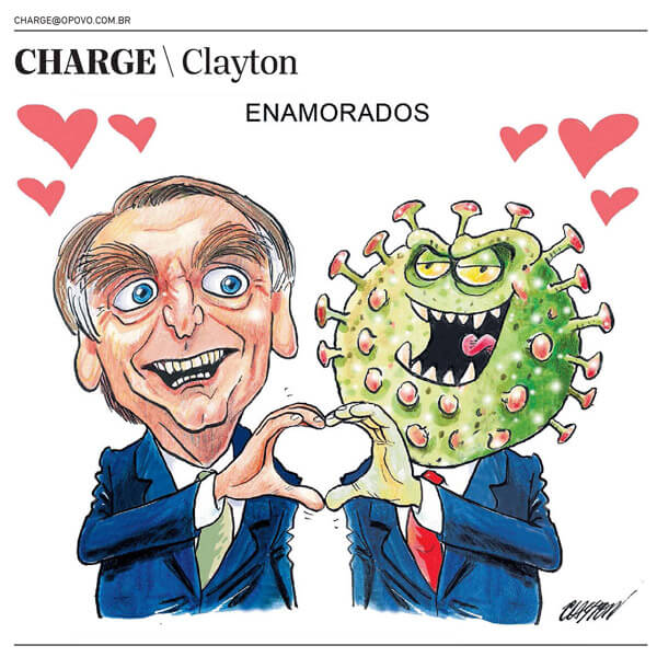 Com a palavra 'Enamorados' acima do desenho, Bolsonaro e o Coronavírus, personificado com o corpo humano, juntam suas mãos para formar um mesmo coraçãozinho. Saltam corações vermelhos do pensamento de cada um. Ambos usam paletós. Publicada em 12/6/2021.